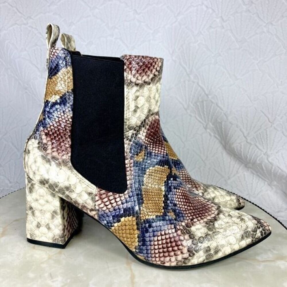 Shein Faux Snakeskin Pointed Toe Block Heel Chelsea Boots Women Sz 8.5 Blue Tan